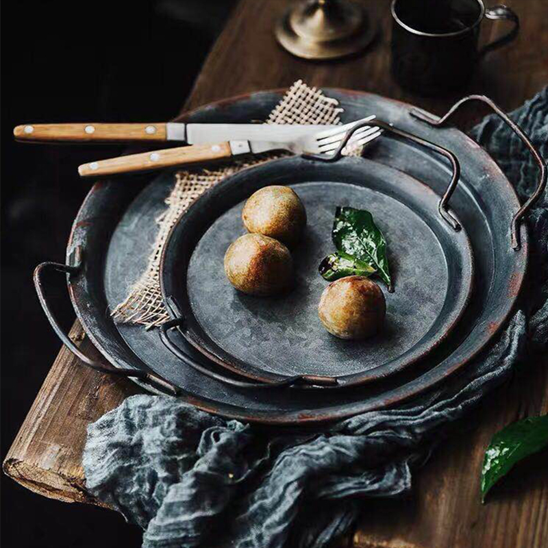 European Retro Metal Plate With Handles Handcrafted Round Wrought