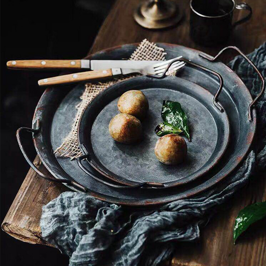 European Retro Metal Plate With Handles Handcrafted Round Wrought