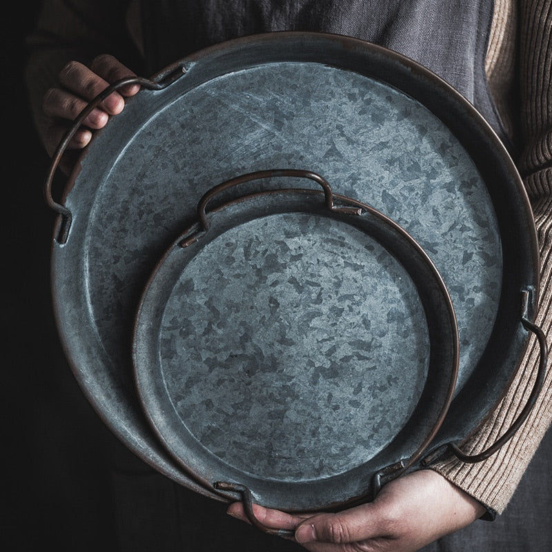 European Retro Metal Plate With Handles Handcrafted Round Wrought