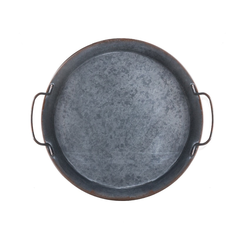 European Retro Metal Plate With Handles Handcrafted Round Wrought