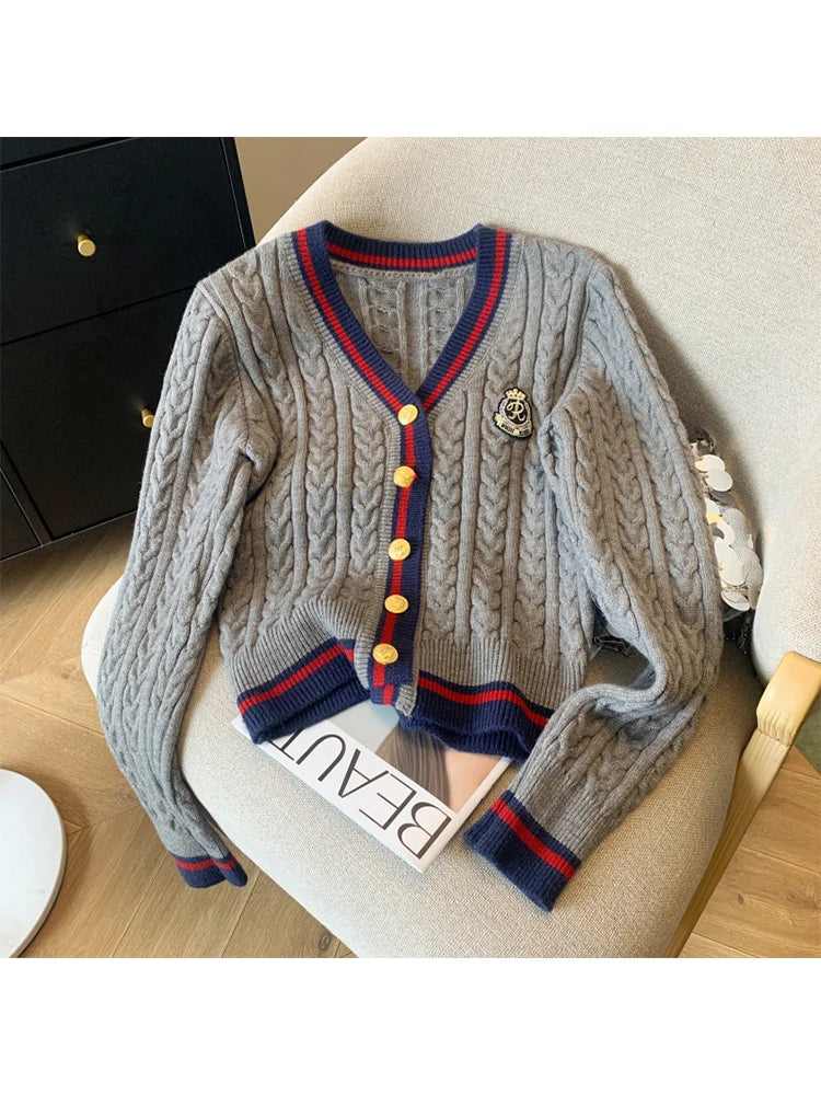 Autumn Winter Women Preppy Style Cardigan Sweater Old Money V-Neck