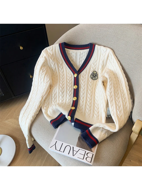 Autumn Winter Women Preppy Style Cardigan Sweater Old Money V-Neck