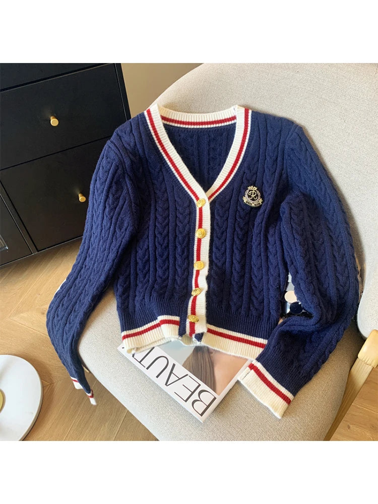 Autumn Winter Women Preppy Style Cardigan Sweater Old Money V-Neck