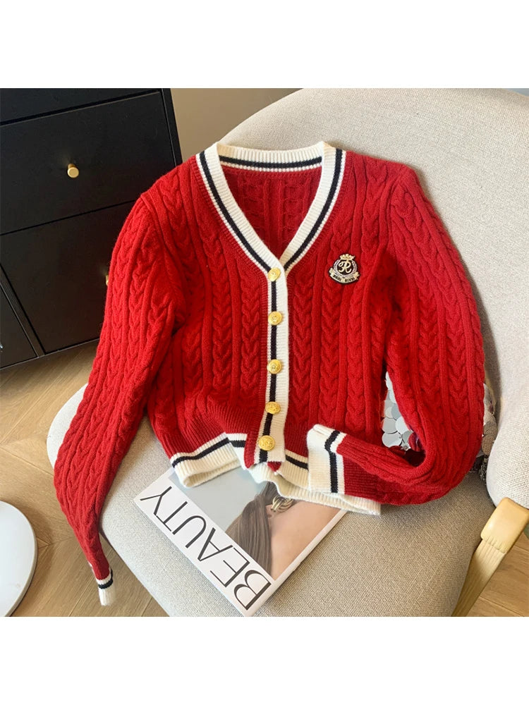 Autumn Winter Women Preppy Style Cardigan Sweater Old Money V-Neck