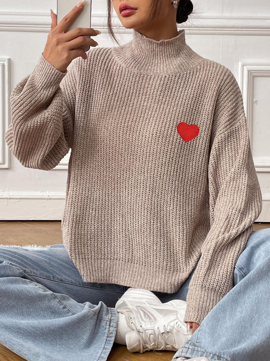 Heart Turtleneck Dropped Shoulder Long Sleeve Sweater