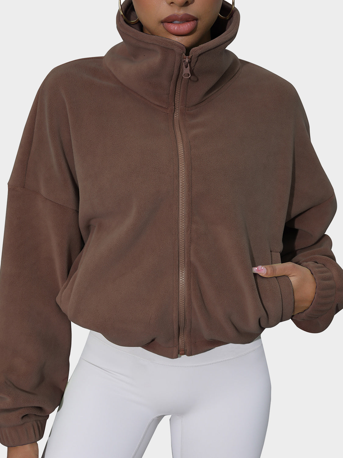 Drawstring Turtleneck Zip Up Long Sleeve Jacket