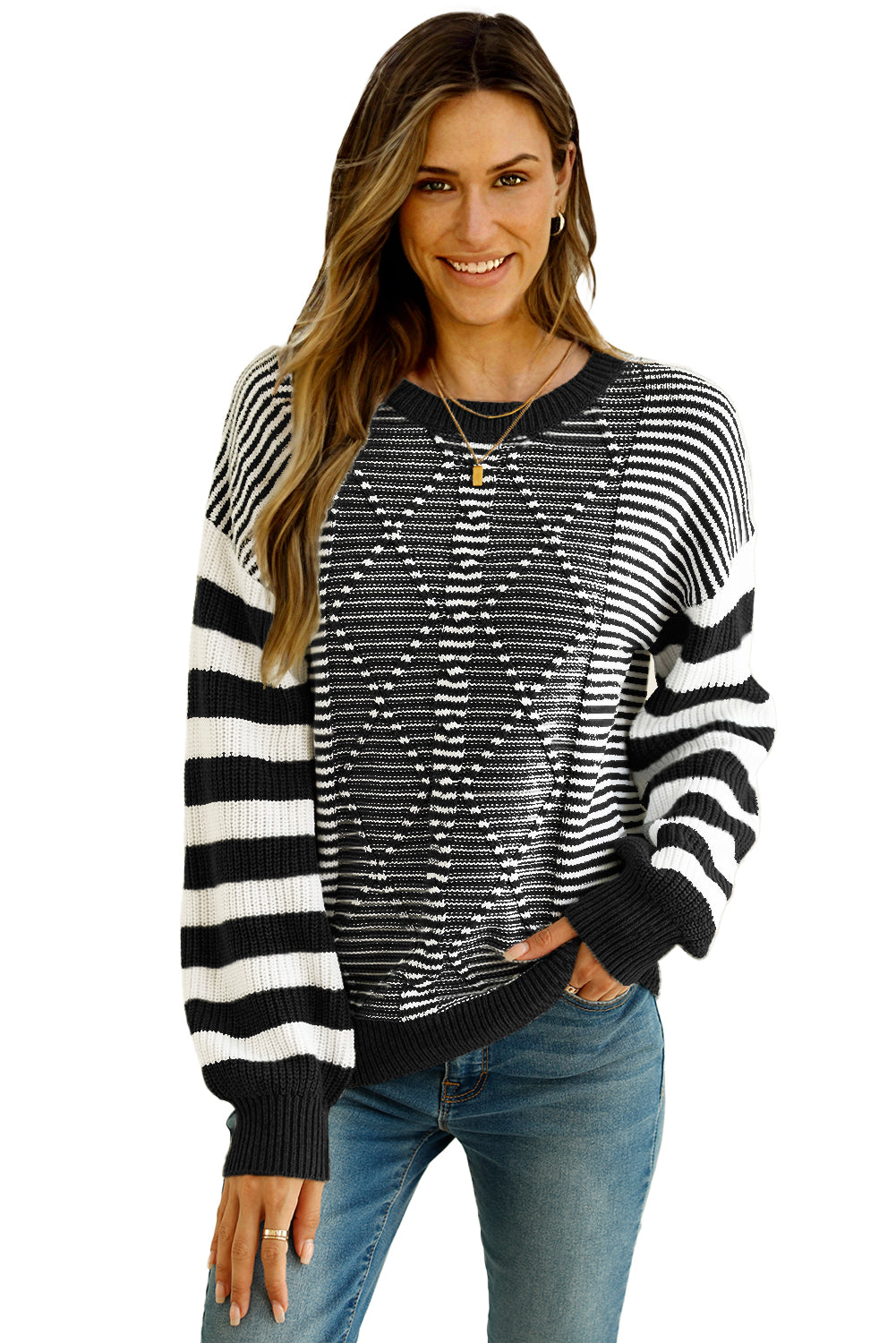 Gray Stripe Twisted Knitted Drop Shoulder Sweater