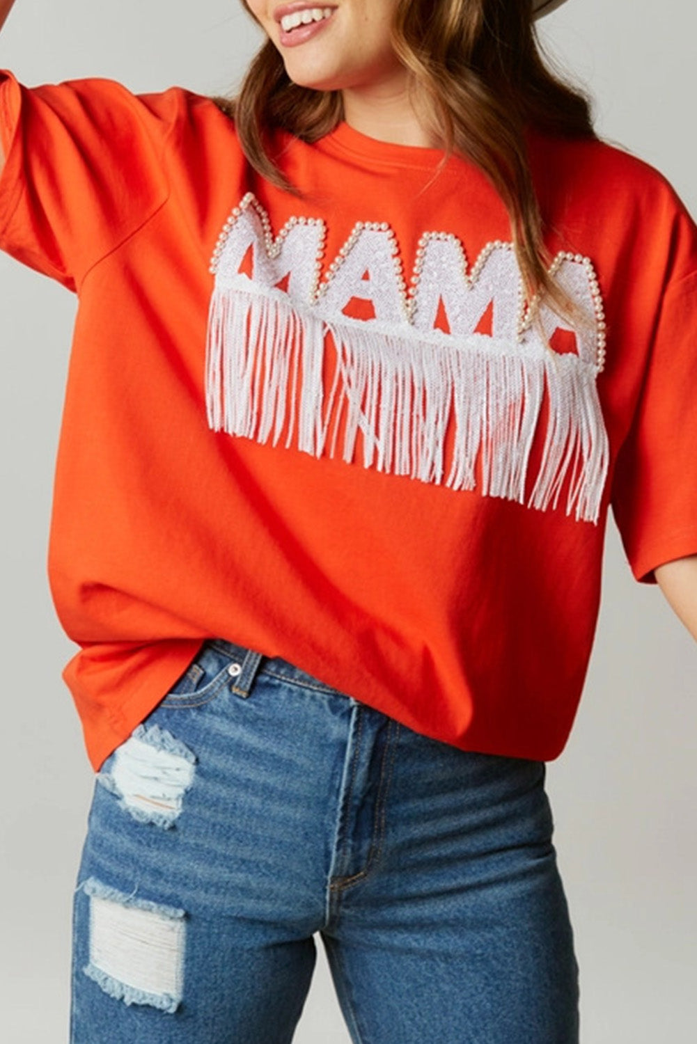 Bright Pink Fringe Trim Beaded MAMA Patch Oversized T Shirt