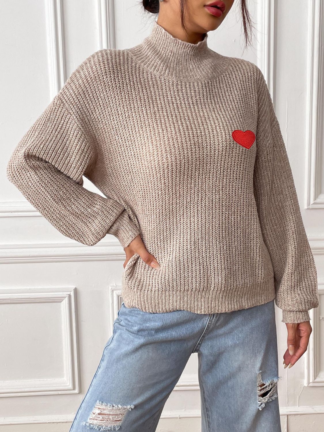 Heart Turtleneck Dropped Shoulder Long Sleeve Sweater