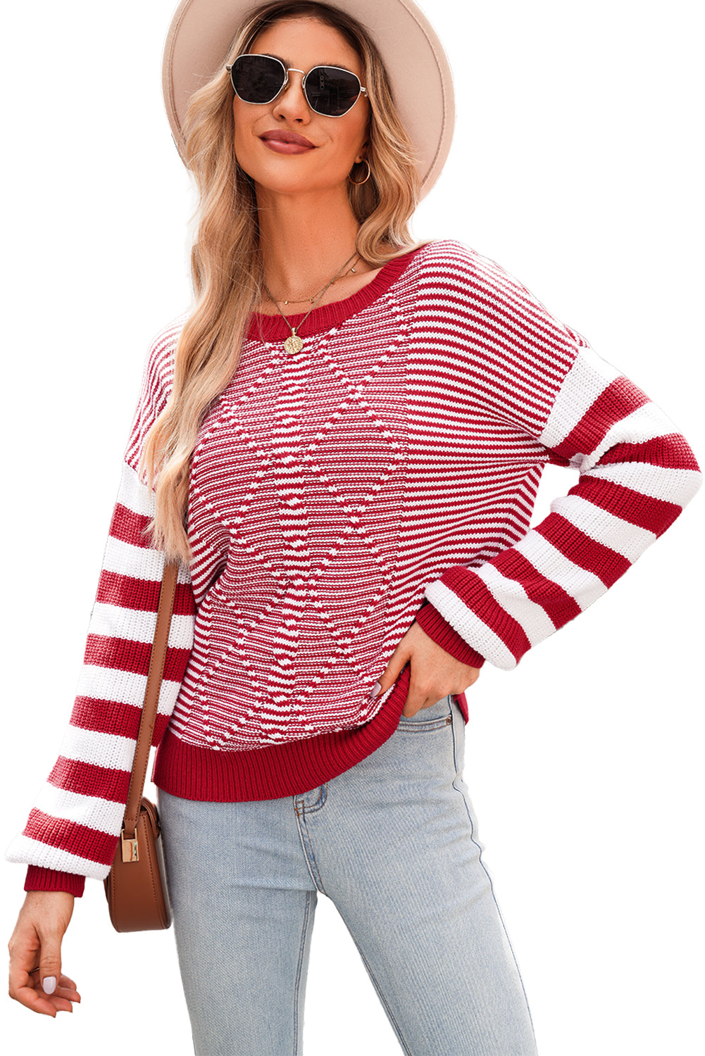 Gray Stripe Twisted Knitted Drop Shoulder Sweater