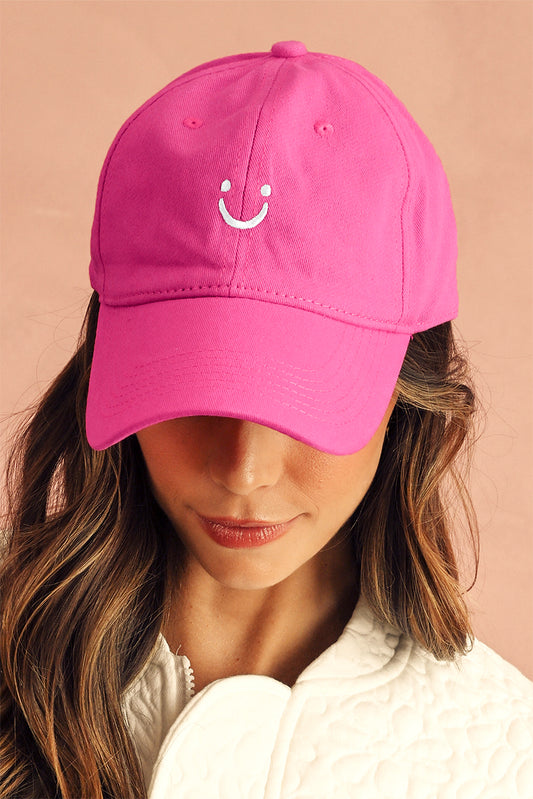 Rose Red Smile Face Embroidered Curved Eave Baseball Cap