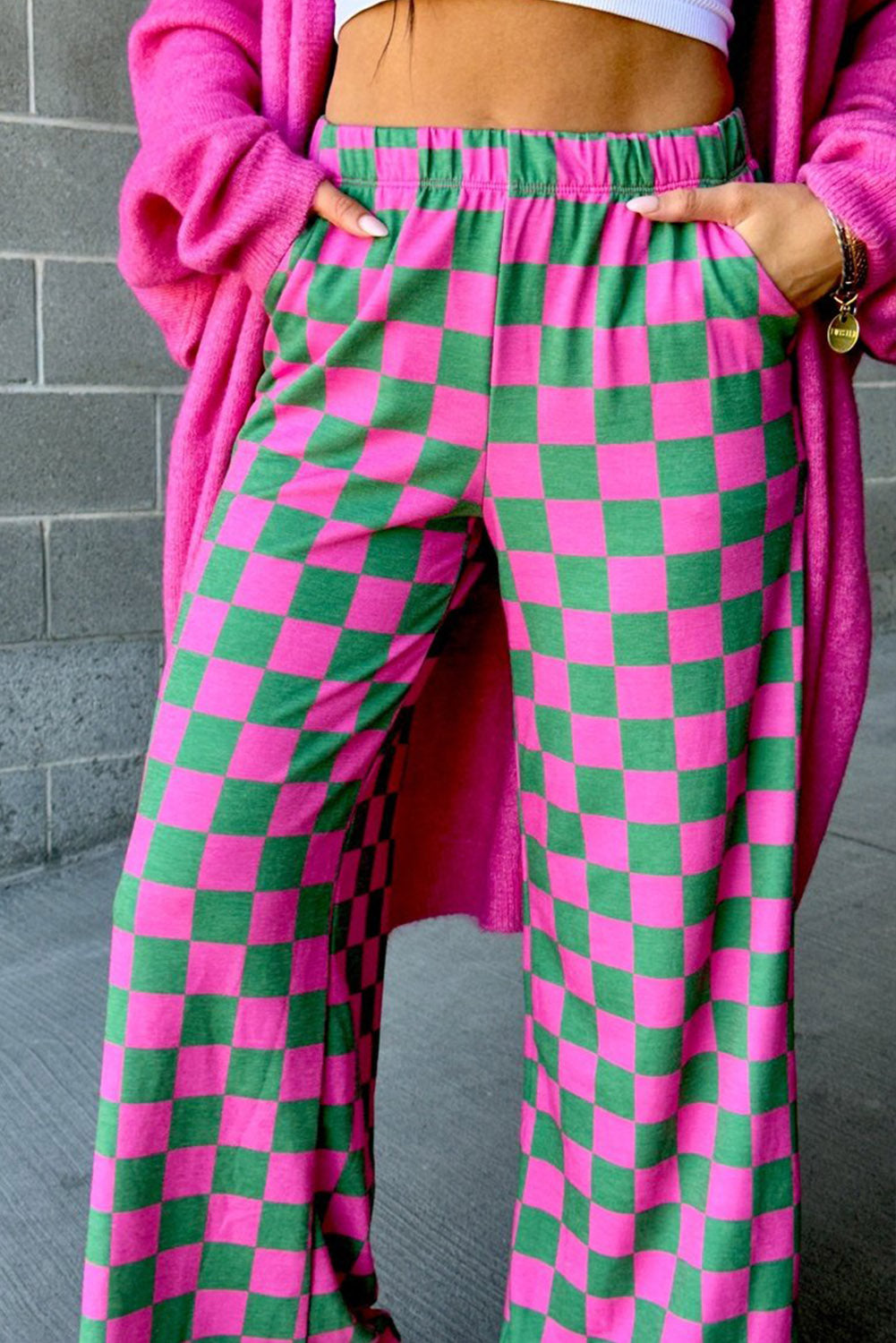 Bonbon Checkered Print High Waist Wide Leg Pants