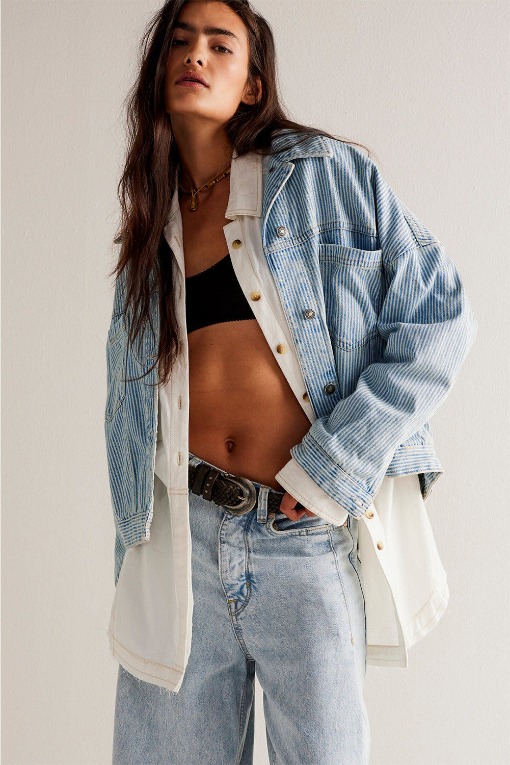 Sky Blue Stripe Washed Oversized Pocketed Denim Jacket