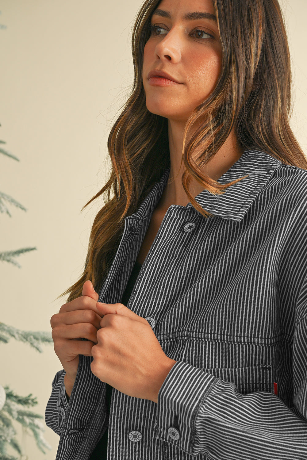 Sky Blue Stripe Washed Oversized Pocketed Denim Jacket