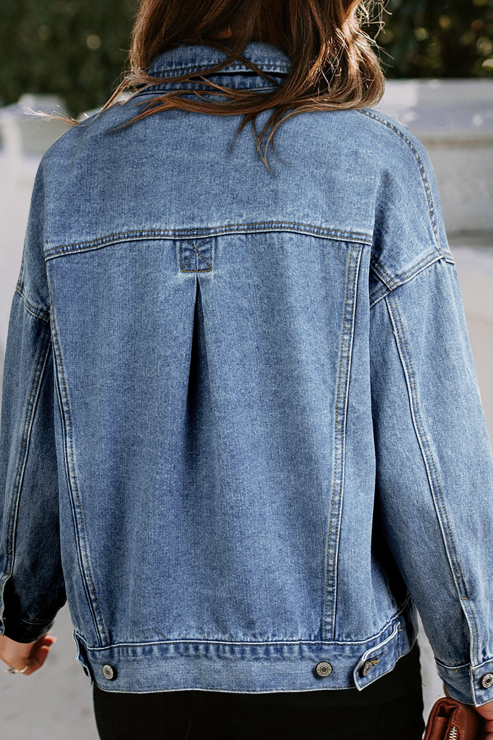 Sky Blue Stripe Washed Oversized Pocketed Denim Jacket