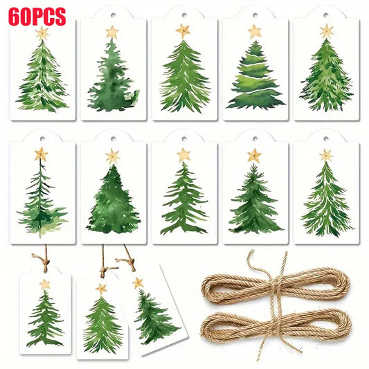 50/60PCS  Christmas Paper Gift Tags With Hemp Rope Xmas Hanging Label Cartoon Paper Gift Tags Gift Boxes Wrapping Present Cards