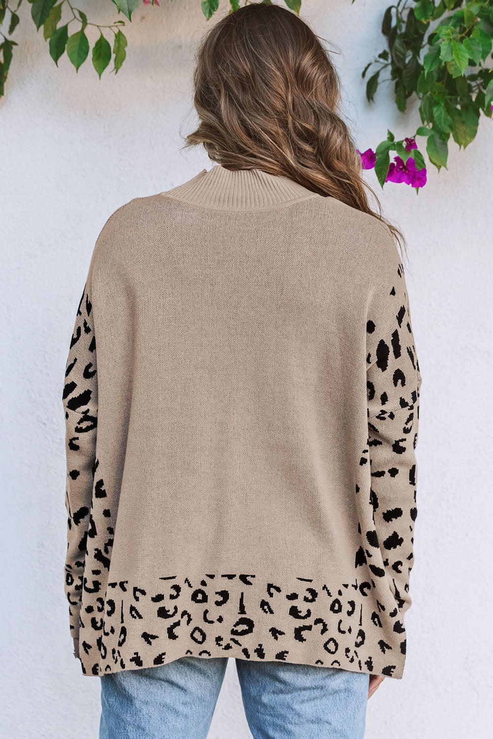 Khaki Sequin Turkey Leopard Mixed Pattern High Neck Sweater