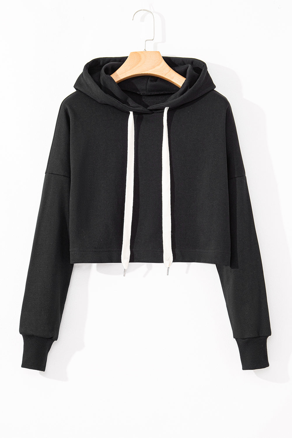 Black Drop Shoulder Drawstring Cropped Hoodie