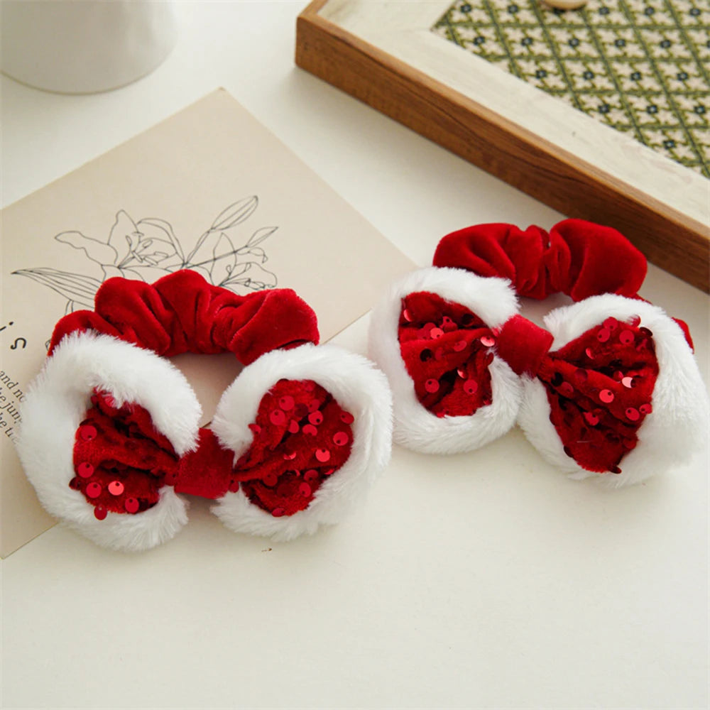 Christmas Style Red Hair Rope Sequin Bowknot Large Intestine Hair Ring Simple Hair Accessories Soft Plush Ponytail Holder