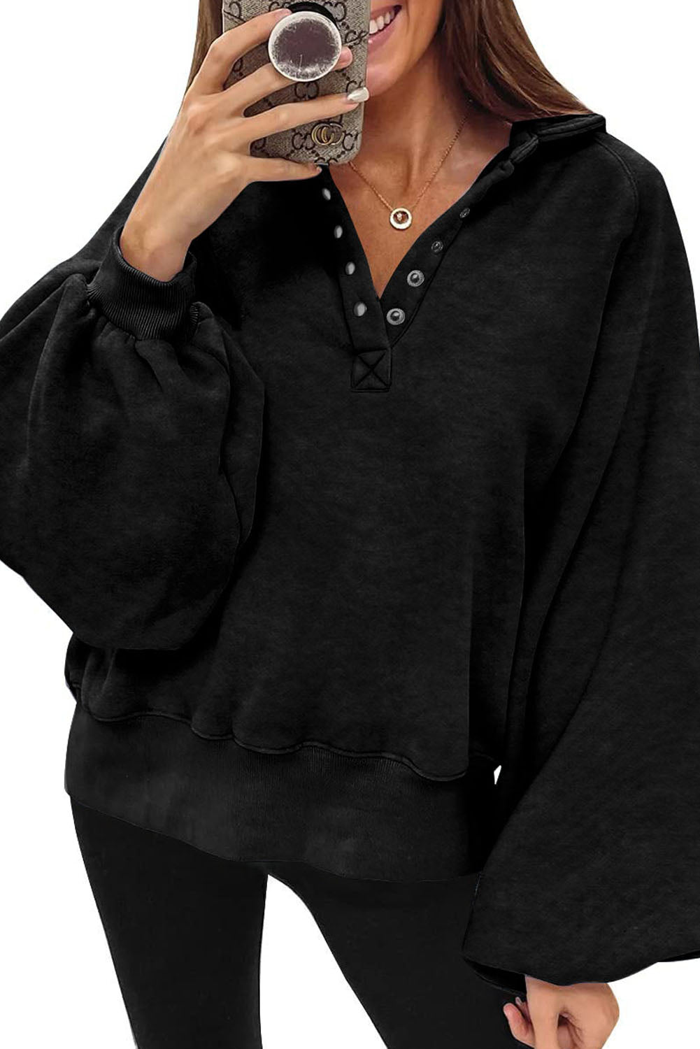 Black Snap Buttons Collared Balloon Sleeve Oversized Sweatshirt