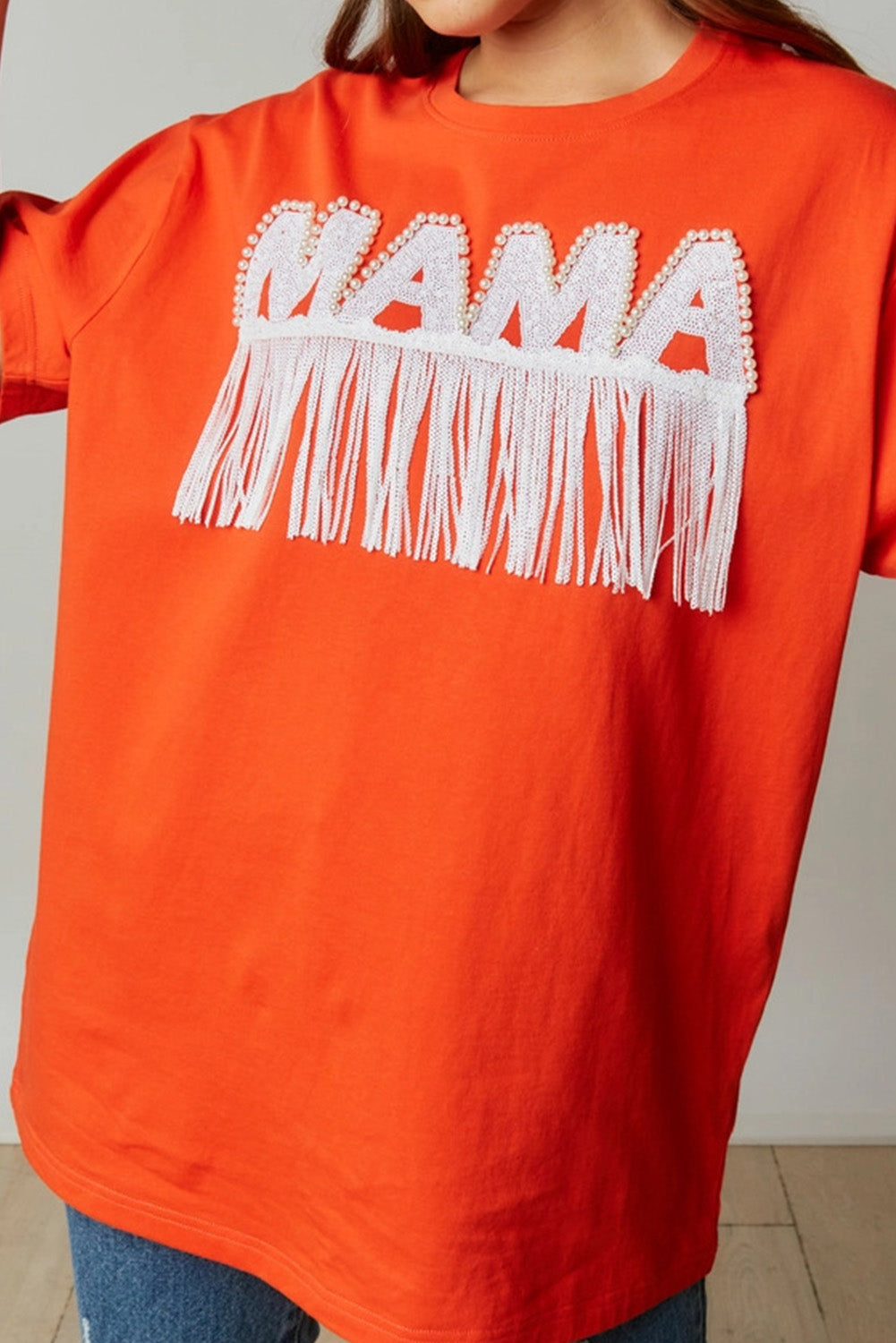 Bright Pink Fringe Trim Beaded MAMA Patch Oversized T Shirt