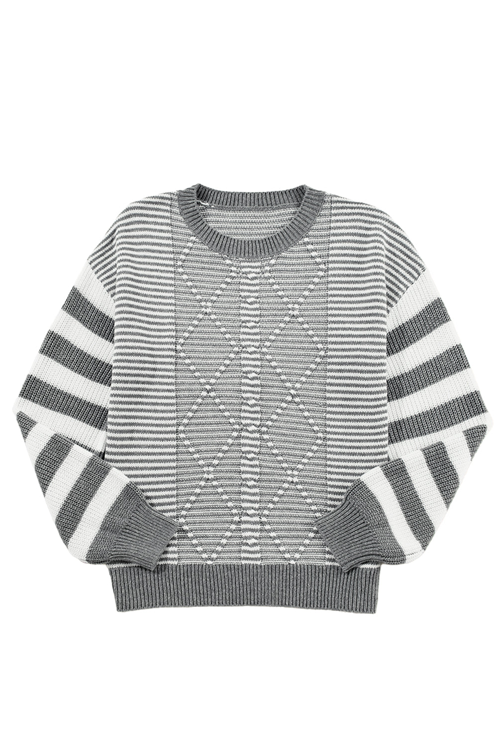 Gray Stripe Twisted Knitted Drop Shoulder Sweater