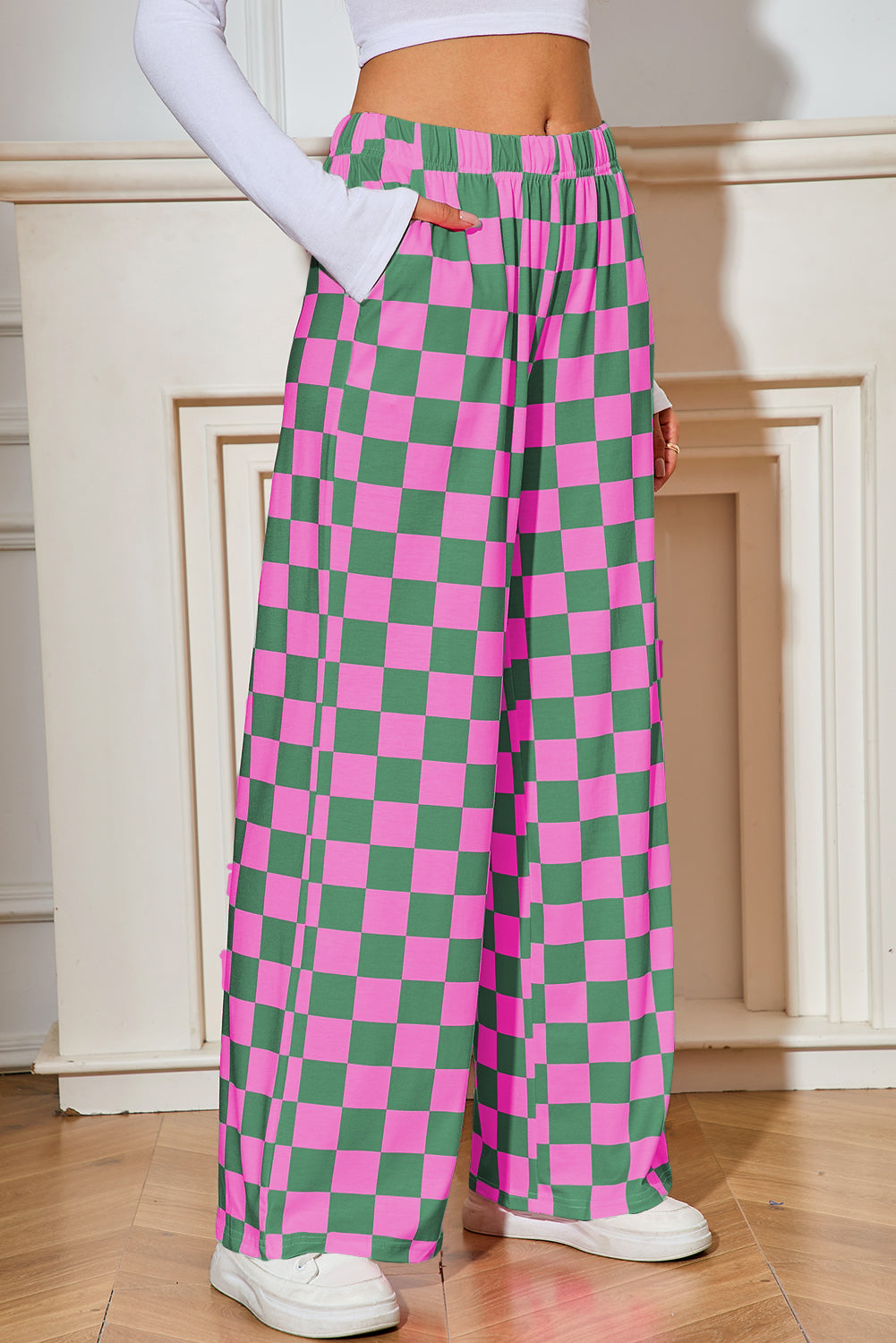 Bonbon Checkered Print High Waist Wide Leg Pants