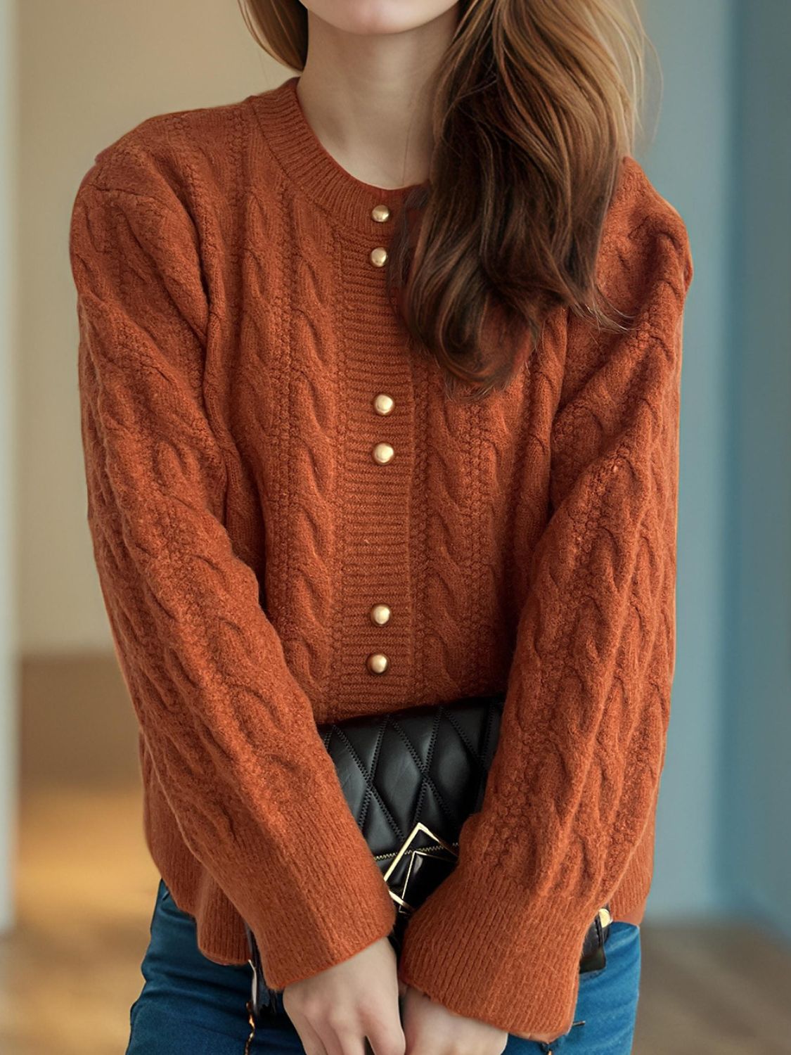 Cable-Knit Round Neck Long Sleeve Cardigan