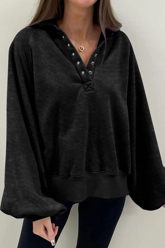 Black Snap Buttons Collared Balloon Sleeve Oversized Sweatshirt