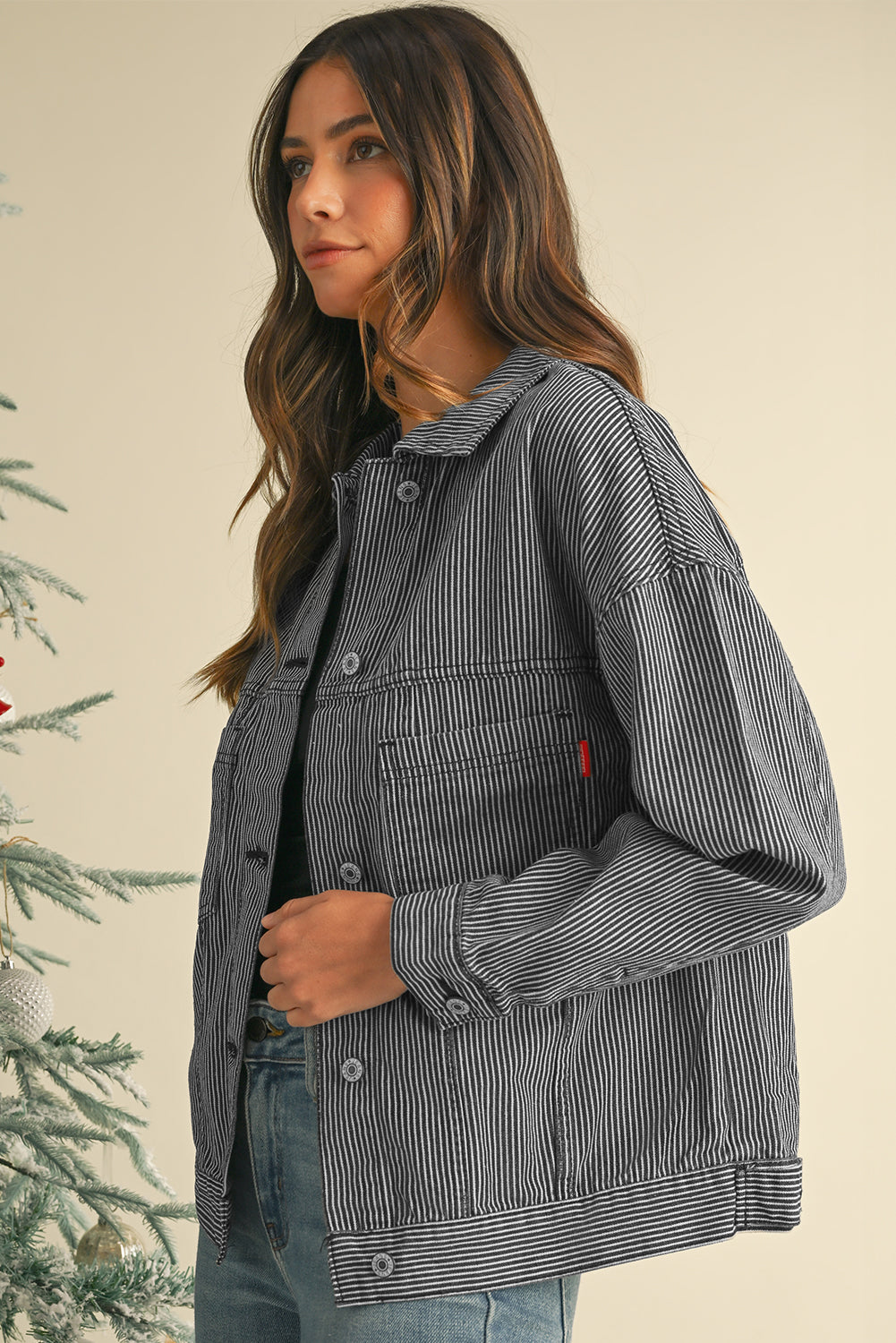 Sky Blue Stripe Washed Oversized Pocketed Denim Jacket