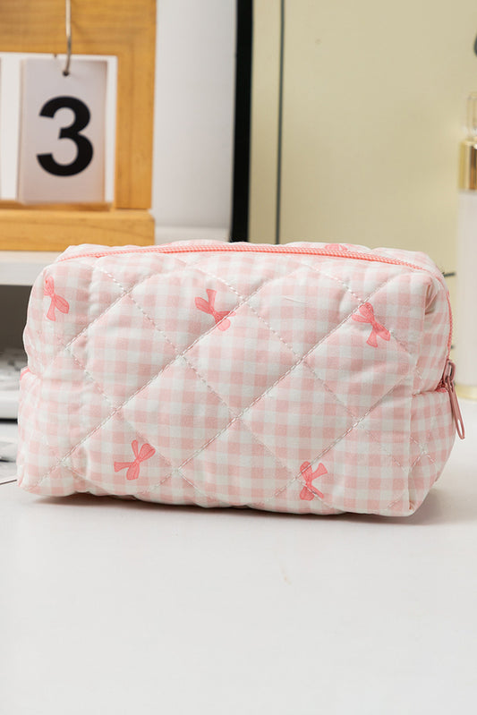 Pink Sweet Bow Print Quilted Zipper Cosmetic Bag