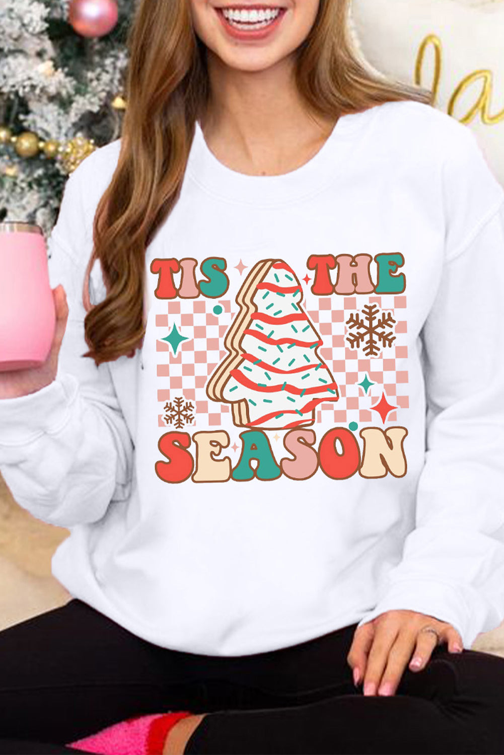 Beige TIS THE SEASON Christmas Tree Graphic Crewneck Sweatshirt