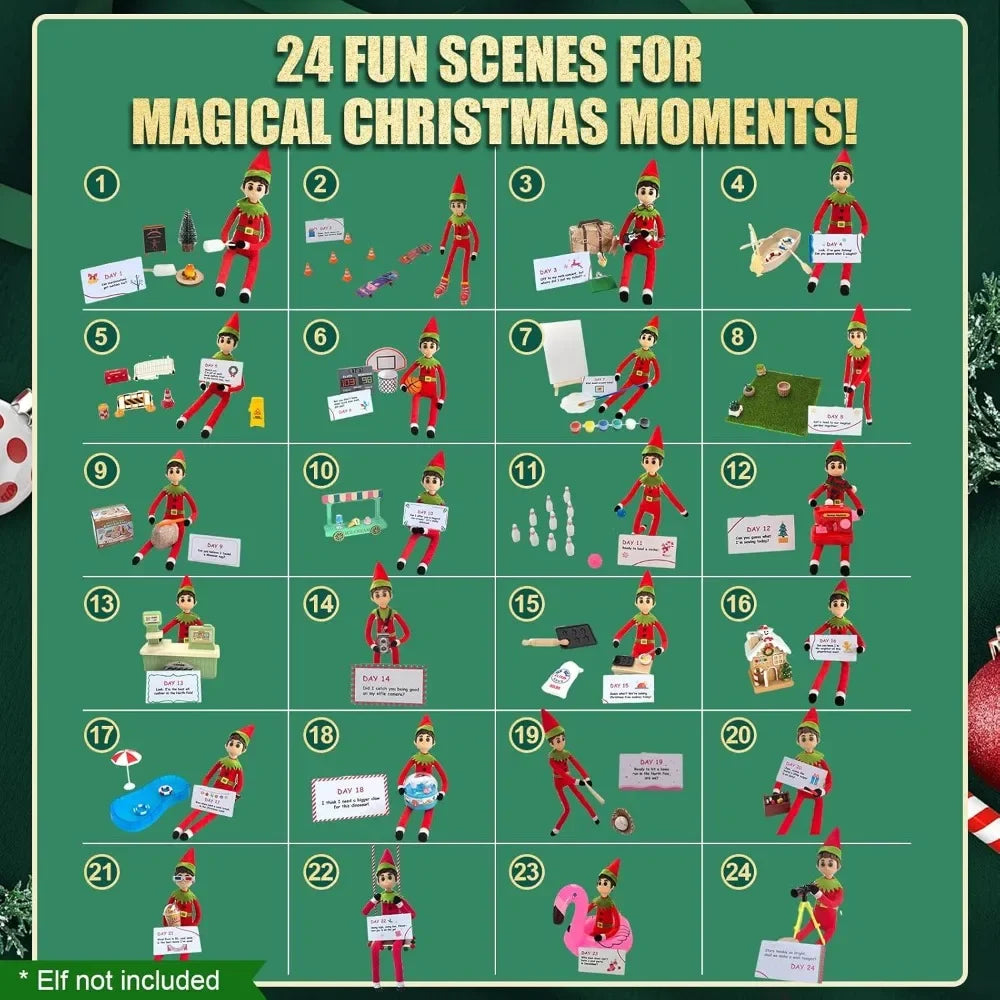 24-Day Chrismas Elf Kit Christmas Elf Adventure Kit 2024 with 24 Days Christmas Elf Scenes Idea Kit