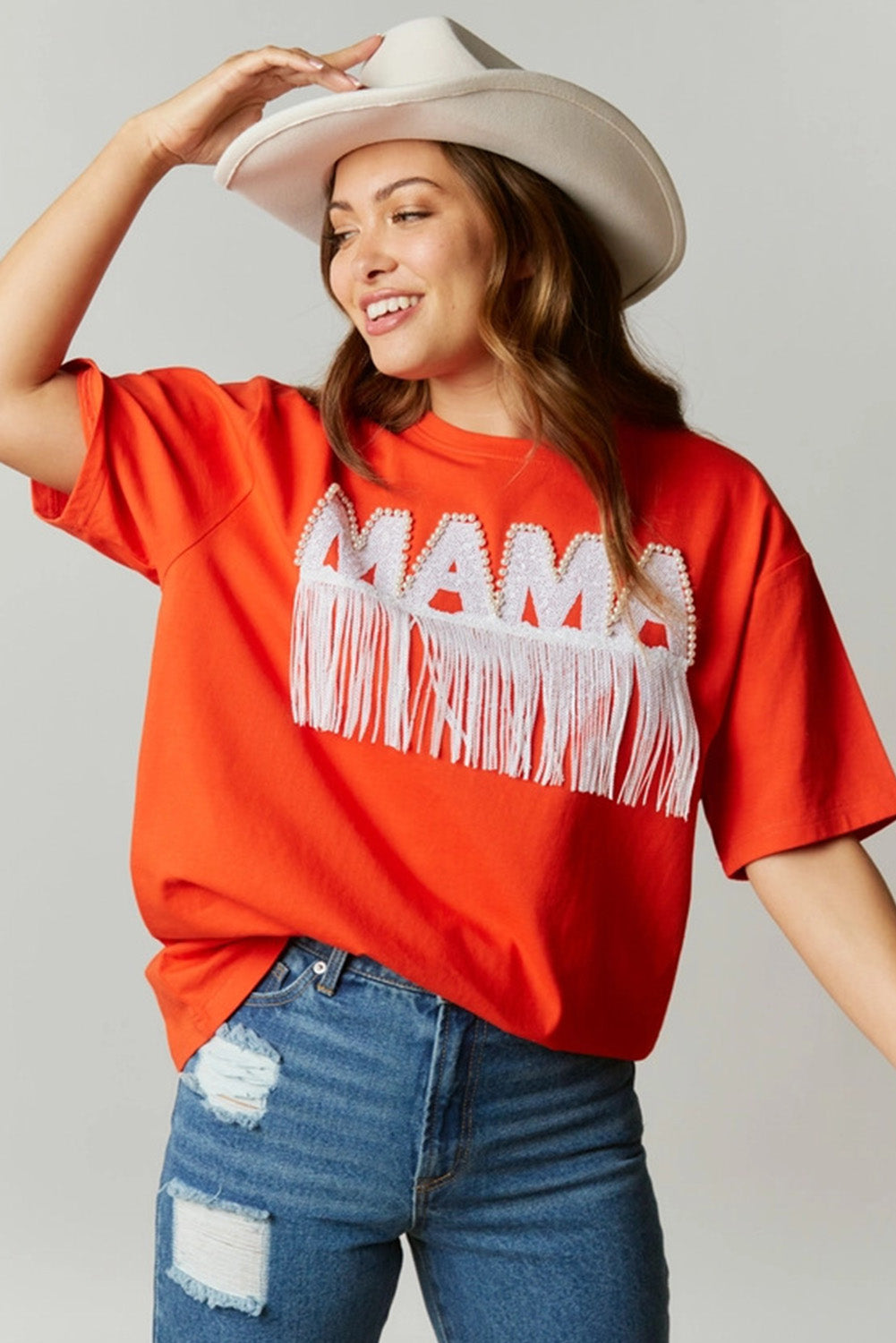 Bright Pink Fringe Trim Beaded MAMA Patch Oversized T Shirt