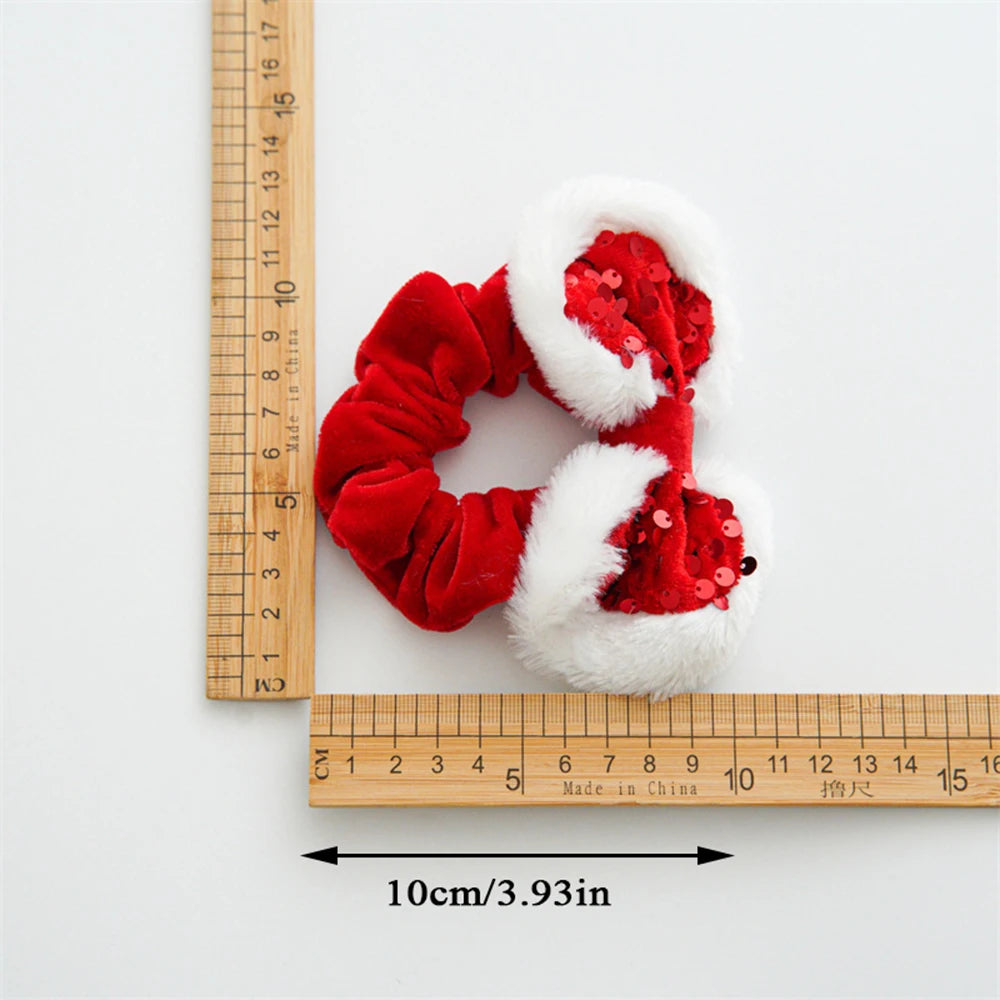 Christmas Style Red Hair Rope Sequin Bowknot Large Intestine Hair Ring Simple Hair Accessories Soft Plush Ponytail Holder