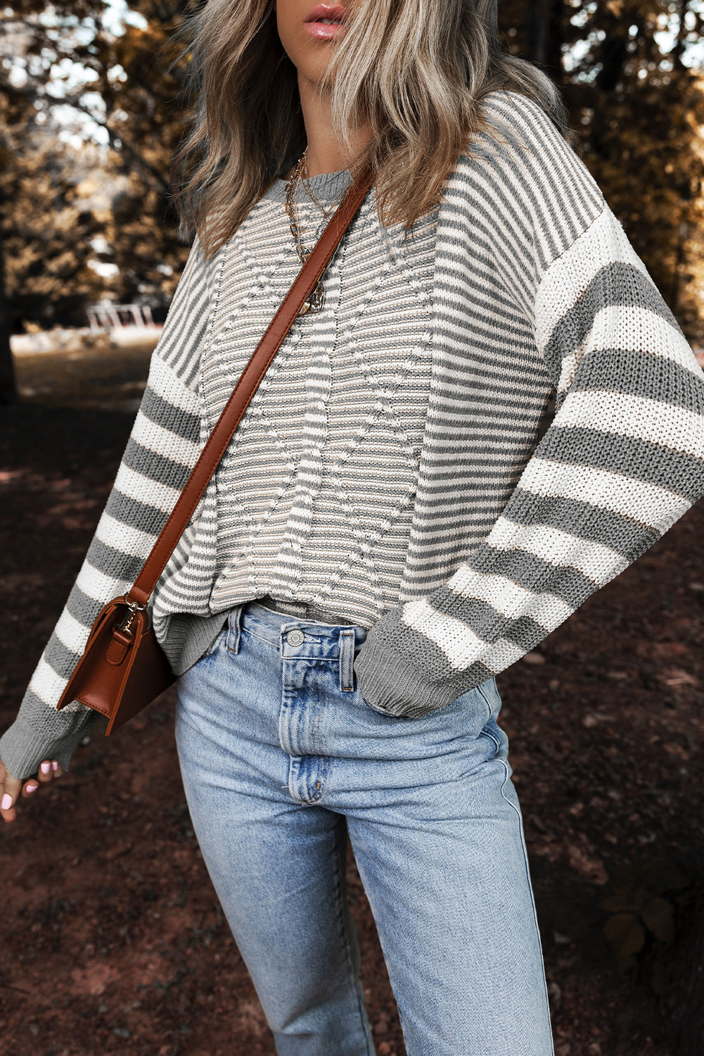 Gray Stripe Twisted Knitted Drop Shoulder Sweater