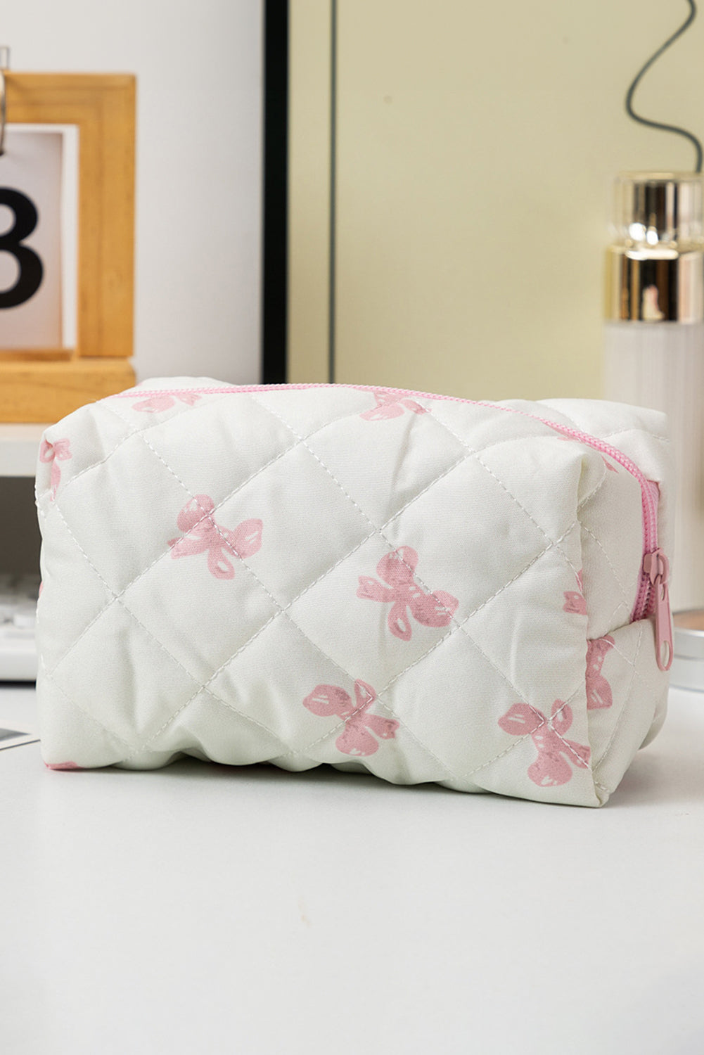 Pink Sweet Bow Print Quilted Zipper Cosmetic Bag