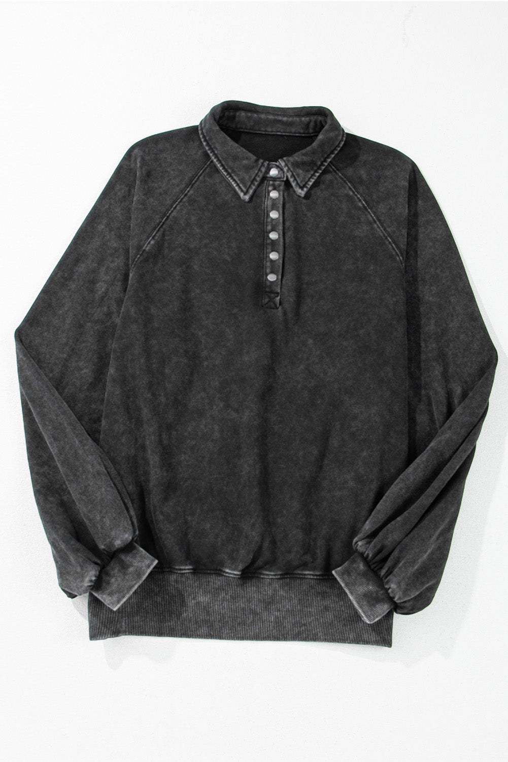 Black Snap Buttons Collared Balloon Sleeve Oversized Sweatshirt