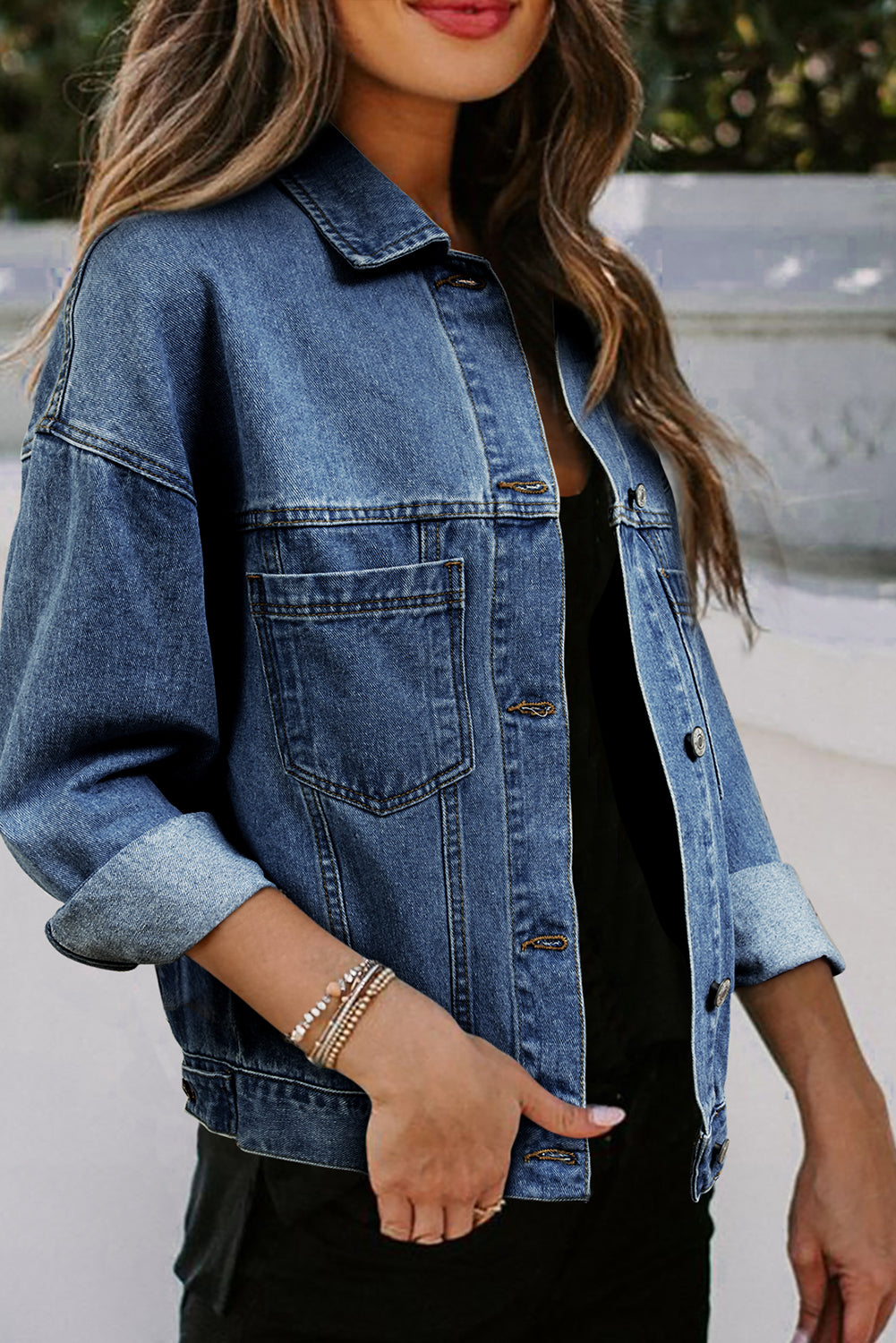 Sky Blue Stripe Washed Oversized Pocketed Denim Jacket