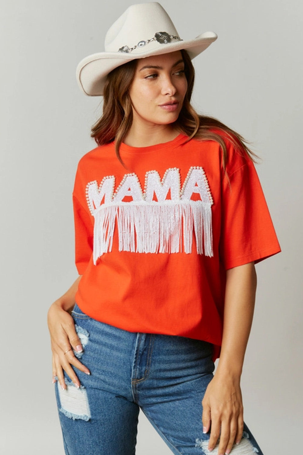 Bright Pink Fringe Trim Beaded MAMA Patch Oversized T Shirt