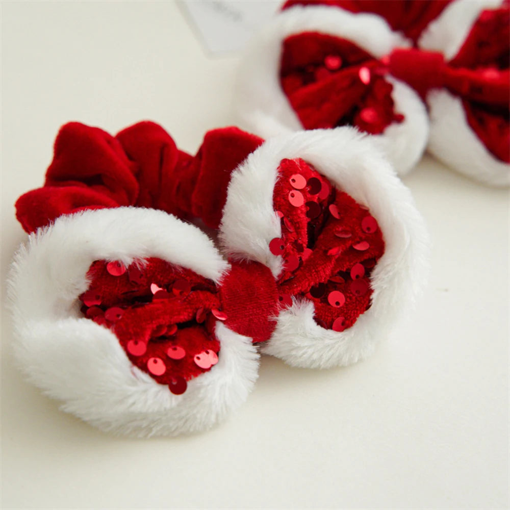 Christmas Style Red Hair Rope Sequin Bowknot Large Intestine Hair Ring Simple Hair Accessories Soft Plush Ponytail Holder