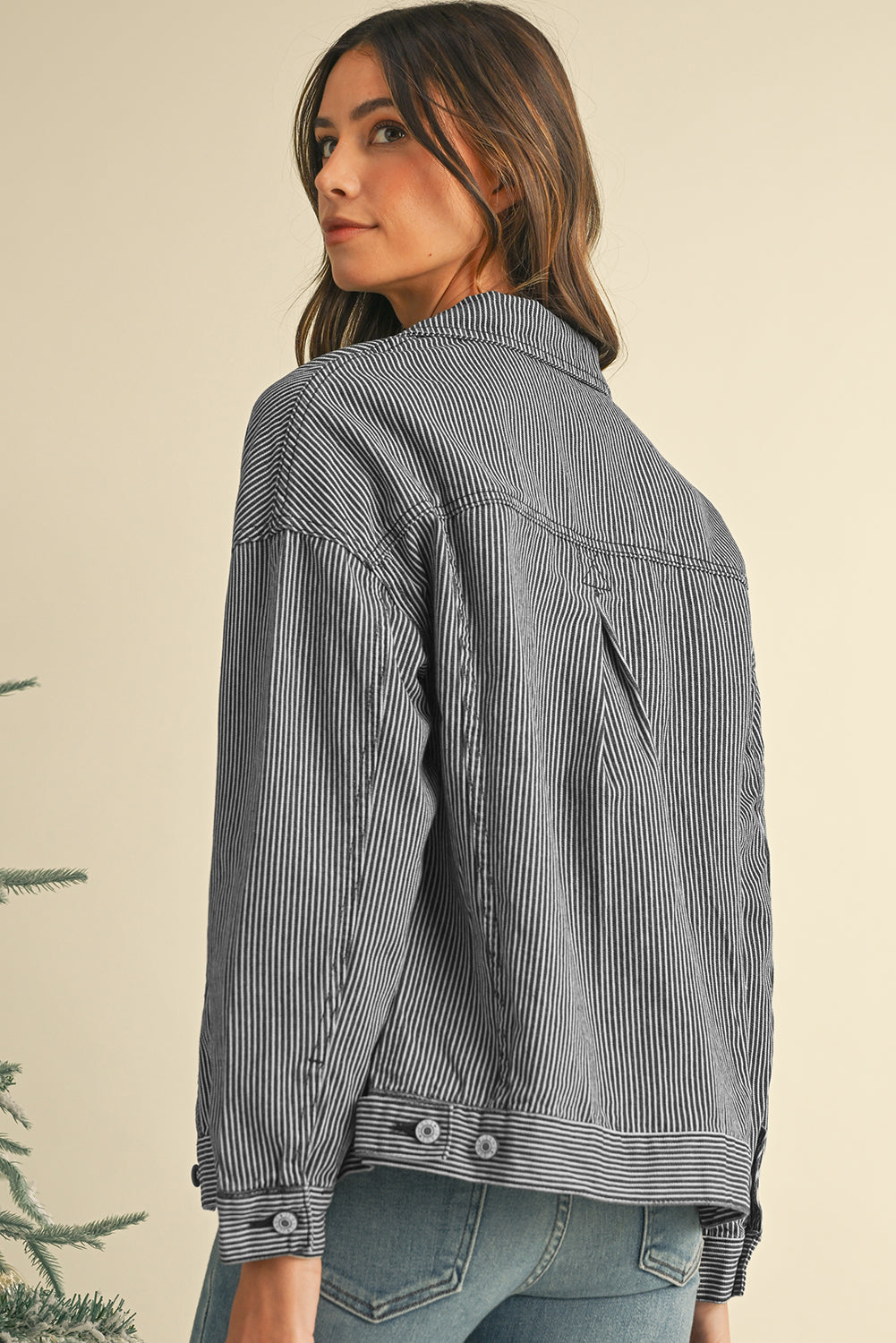 Sky Blue Stripe Washed Oversized Pocketed Denim Jacket