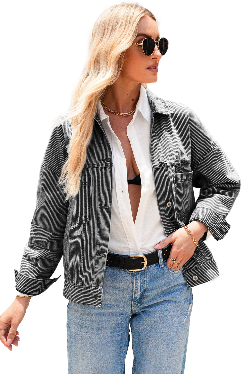 Sky Blue Stripe Washed Oversized Pocketed Denim Jacket