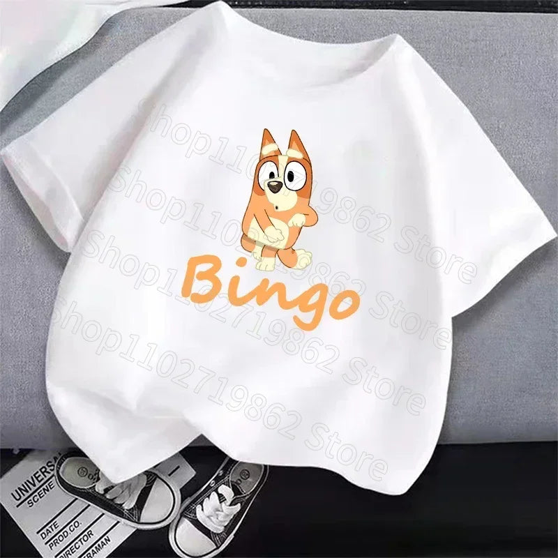 Bluey Bingo Children White Short Sleeves Summer T Shirt Breathable Sweat Absorption Clothes Cartoon Anime Kid Birthday Cute Gift