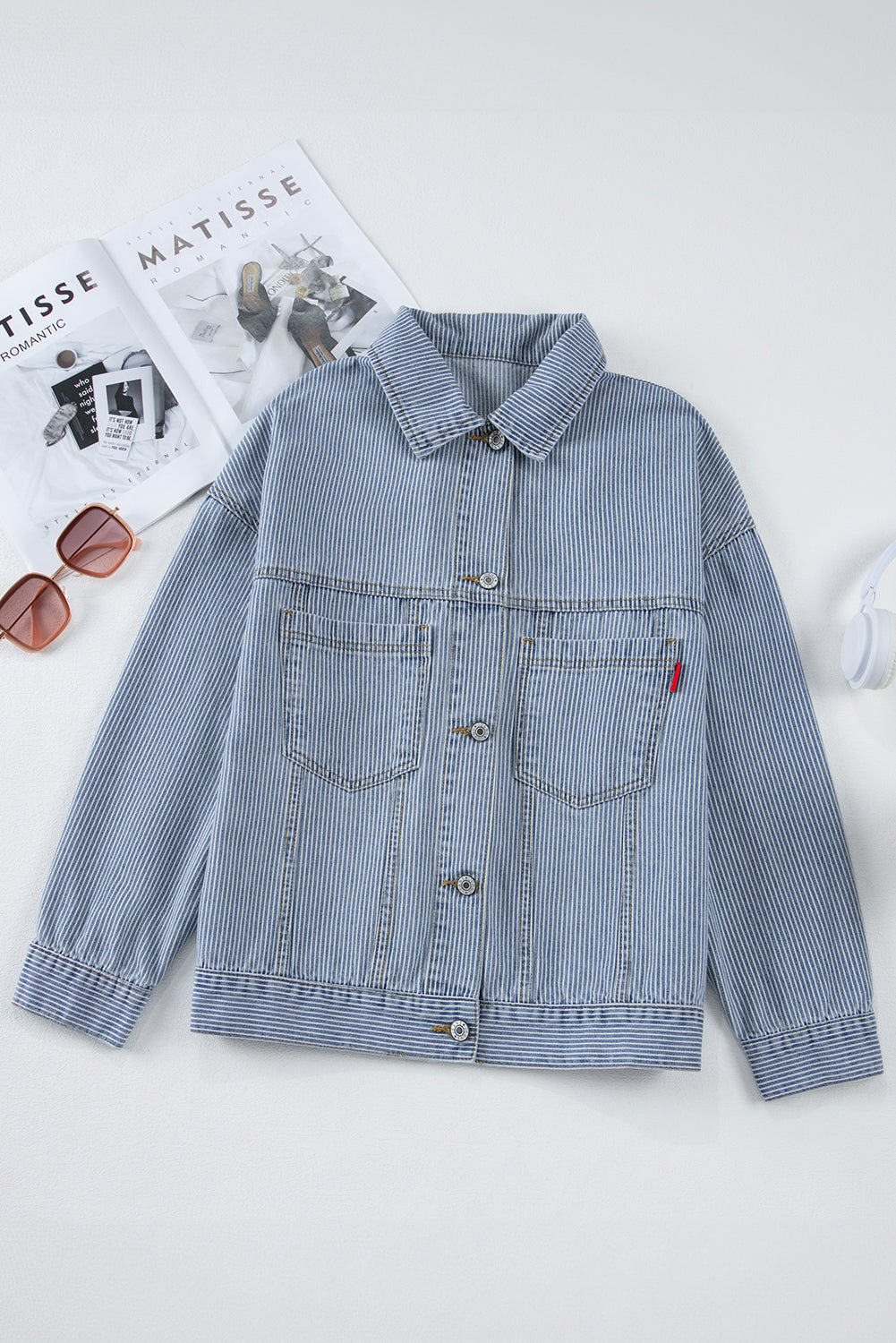 Sky Blue Stripe Washed Oversized Pocketed Denim Jacket