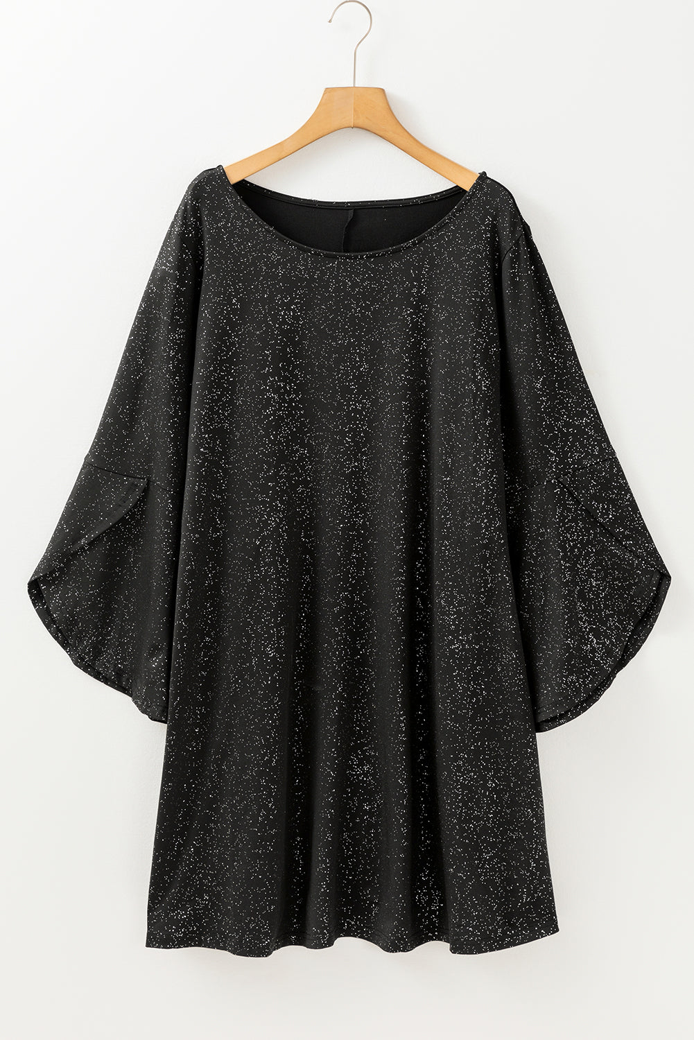 Black Plus Size Glitter Metallic Bell Sleeve Round Neck Mini Dress