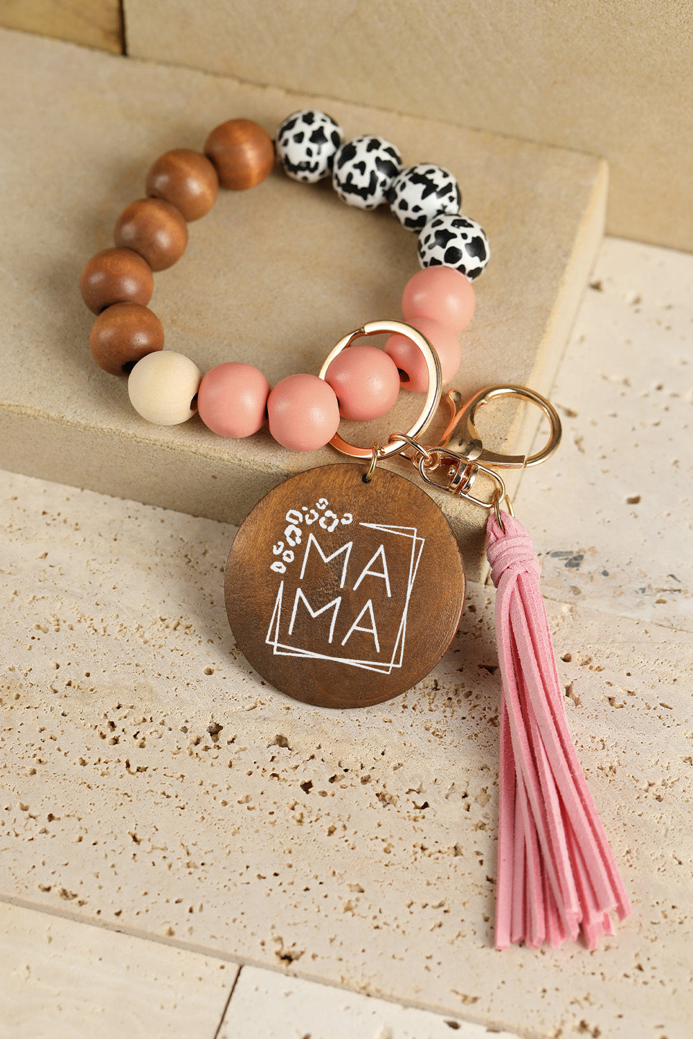 Pink Mama Leopard Wood Beads Fringe Bracelet Keychain