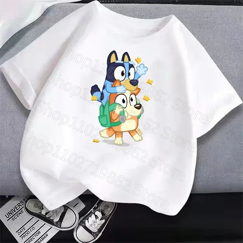 Bluey Bingo Children White Short Sleeves Summer T Shirt Breathable Sweat Absorption Clothes Cartoon Anime Kid Birthday Cute Gift