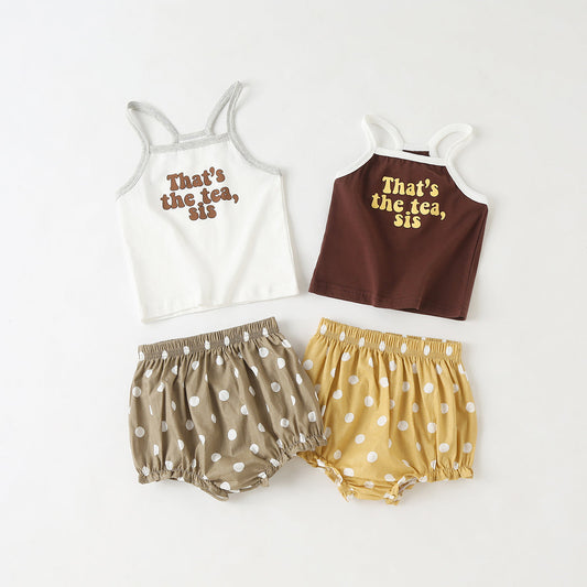 Baby Girl Slogan Pattern Sling Tops Combo Polka Dot Graphic Triangle