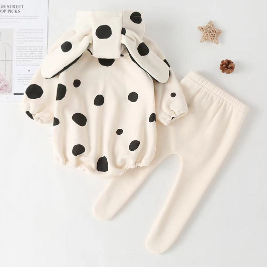 Baby Polka Dot Pattern Onesies With Hat Combo Solid Trousers Sets